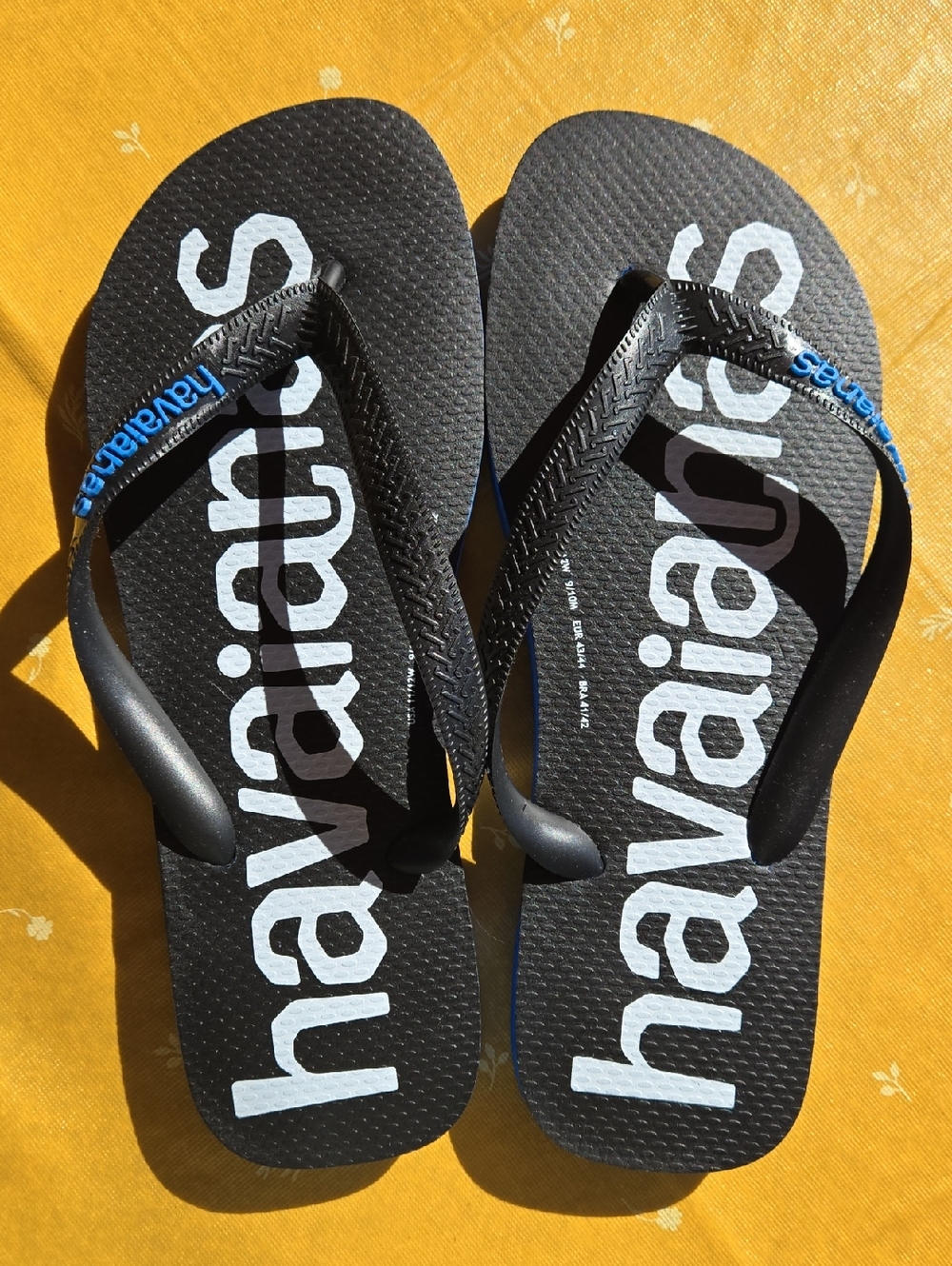 Havaianas Unisex Black Flip Flops with White Logo and Blue Strap Accents